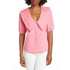 WAYF Ruffle Collar Short Sleeve Shirt, Cherise Pink, XS, NWT